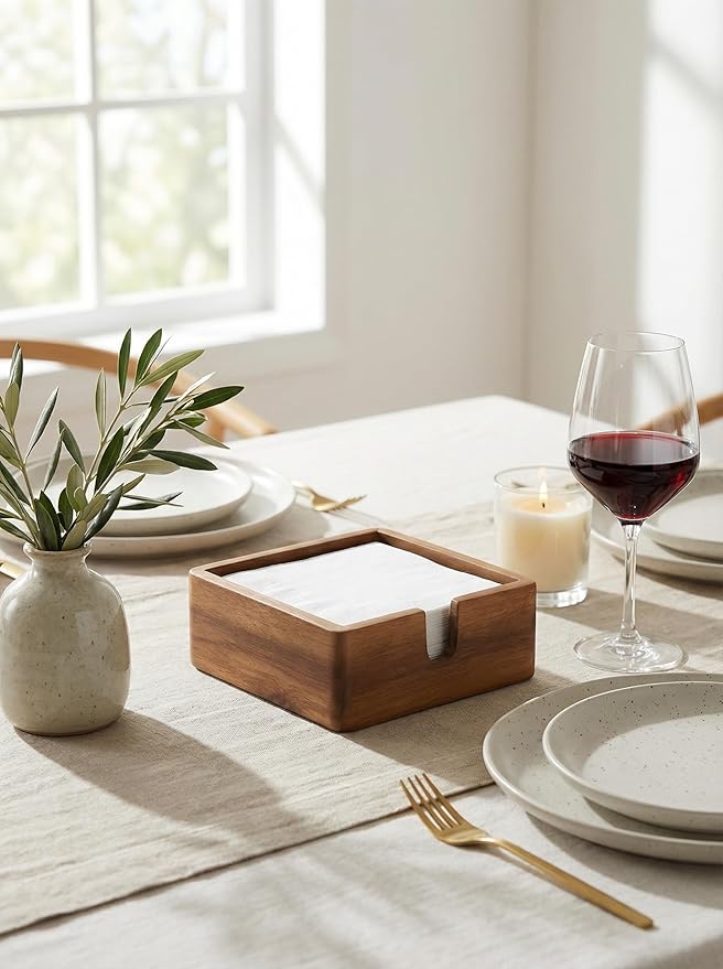 Acacia Cocktail Paper Napkin Holder Square 5.4x5.4 inches, Wood Flat Napkin Tray, Cocktail Napkin Caddy For Kitchen Décor, Restaurant Countertop Bar Accessories