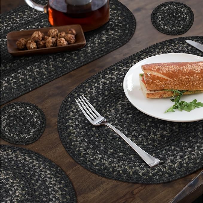 Homespice Jet Black Jute Braided Long Table Runner, Warm Primitive Decor, Rectangle 11x36 - Rich Colors, Easy to Clean, Durable and Protects Furniture