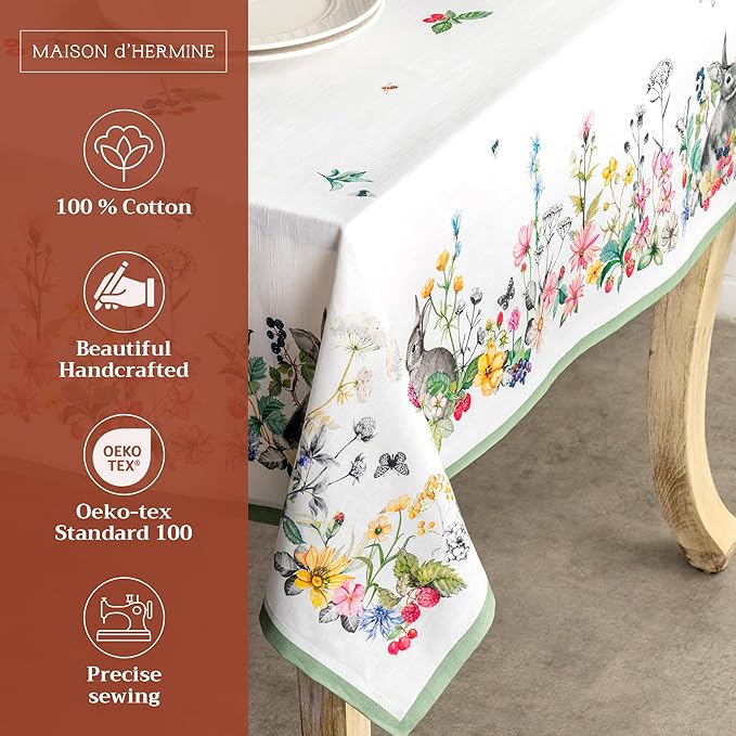 Maison d' Hermine Table Cloth Rectangle Table 100% Cotton 70 x 120 Inches Tablecloth Reusable Decorative for Dining Room Farmhouse Home Valentines Day Decorations Spring Summer - Printemps