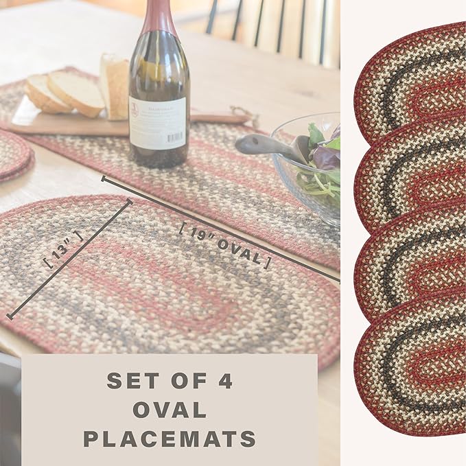 Homespice Chester Jute Braided Placemats, Warm Lodge and Cabin Decor, Set of 4, Red 13x19 Oval Table Mats - Vibrant Colors, Durable, Easy to Clean and Protects Furniture