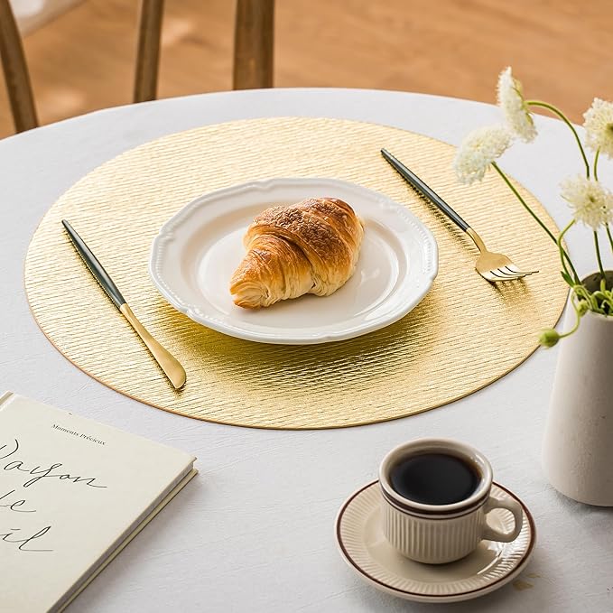 Jovono 15" Faux Leather Big Round Placemats Set of 4 - Washable Heat Resistant Non-Slip Dining Table Mats with Fabric Texture for Kitchen Home Party Wedding Decor, Gold