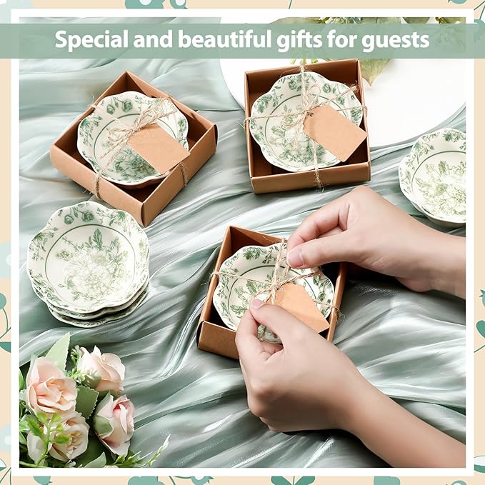 96 Pcs Wedding Favors for Guests Small Ceramic Bowl Bulk Gifts Set 3.3 Inch Floral Design Mini Dipping Sauce Dish with Card Box for Bridal Pooja Baby Shower Birthday Guest Gift (Sage Green)