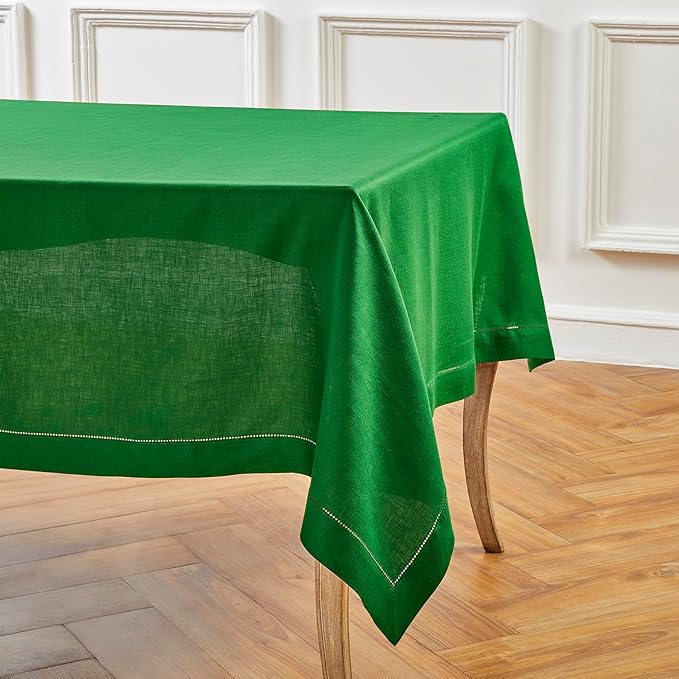 Solino Home Garden Green Linen Tablecloth 60 x 132 Inch - 100% Pure Linen Hemstitch Table Cloth for Rectangle Tables - Classic Hemstitch, Washable Tablecloth for Winter, St Patricks Day, Easter