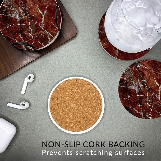 Emerson Coasters for Drinks Absorbent – Natural Stone Drink Coasters Set with Holder, Coasters for Coffee Table, Wooden Tabletop Protection Marble Style – 100% Heavy Duty Set of 6 (Ruby)