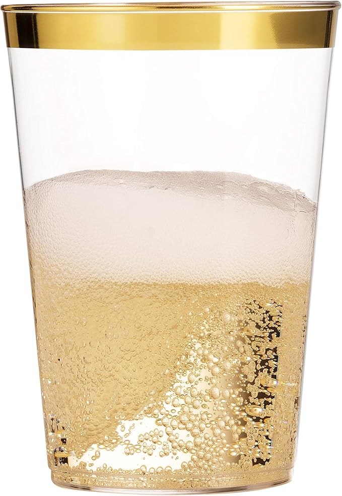 Munfix Gold Plastic Cups - 16 Oz Clear Tumblers with Gold Rim - Elegant Disposable Wedding & Party Cups