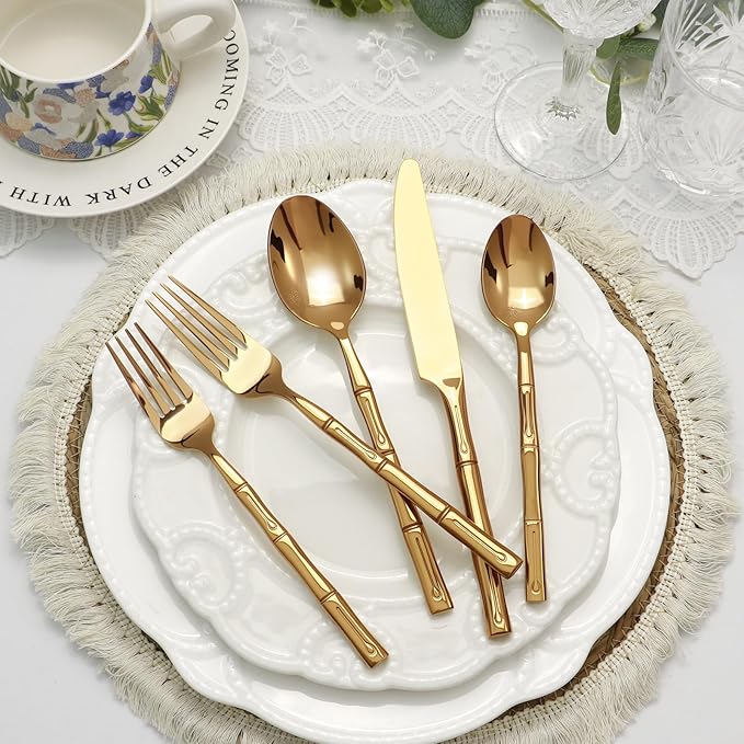 DEACORY Silverware Set Gold Bamboo Pattern Handle Flatware Set, 60-Piece Stainless Steel Cutlery Set Service for 12