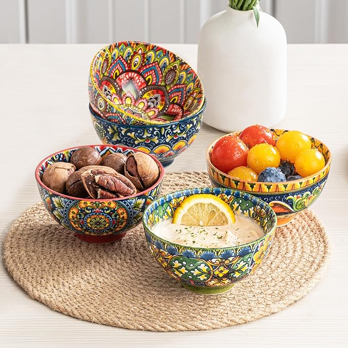 Henten Home Ceramic Soup Bowls Set of 6, Bohemia 22 oz Cereal Bowls Set, Porcelain Serving Bowls for Oatmeal, Salad, Pasta, Fruit, Decorative, Microwave & Dishwasher Safe