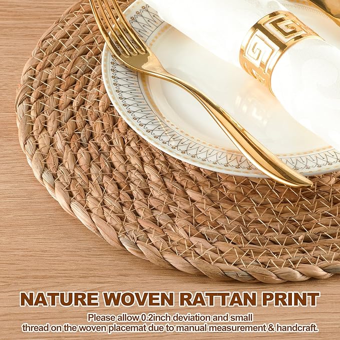 Round Woven Placemats 12 inch Set of 4 - Boho Rattan Placemat Natural Water Hyacinth Placemats, Farmhouse Weave Place Mats, Rustic Braided Wicker Table Mats for Dining Table,Home,Wedding