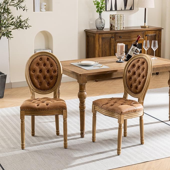 Vintage French Dining Chairs Set of 4, Round Back PU Leather Upholstered Accent Chairs with Nailhead Trim and Solid Wood Frame, Farmhouse Sillas de Comedor for Dining Room & Kitchen, Whiskey Brown