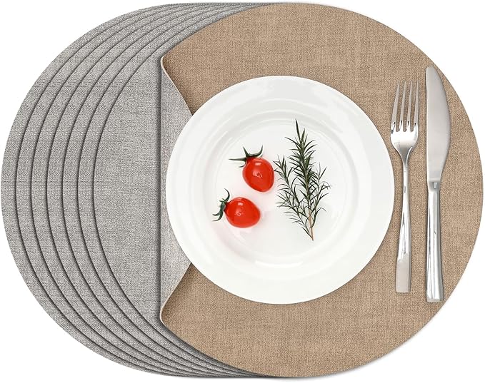Myir JUN Reversible Vinyl Round Placemats Set of 8, Faux Leather Place Mats Dual Sided Waterproof Oilproof Wipeable, Heat-Resistant Table Mats for Kitchen Dining Indoor Outdoor (14", Light Gray Beige)
