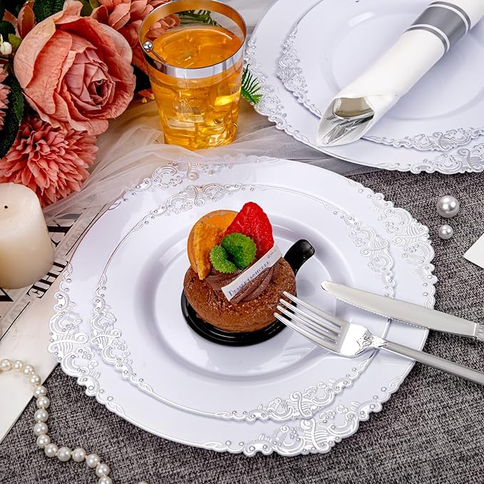 Hioasis 210pcs White and Silver Plates - White Party Plates for 30 Guest, Include 60 Heavy-duty Plates(20% Thicker Than Standard), 30 Pre Rolled silver Plastic Silverware Set, 30 Cups