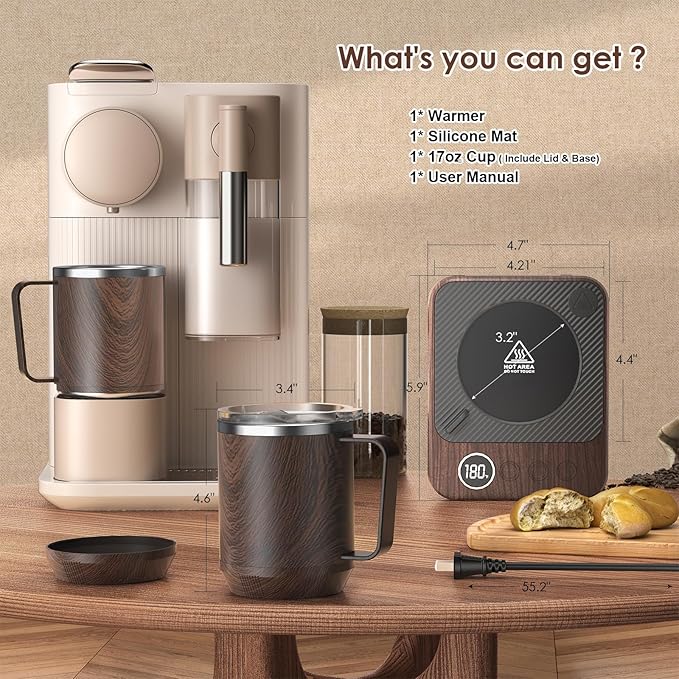 Coffee Mug Warmer & Mug Set for Desk, Smart Coffee Cup Warmer with 16oz Heated Mug, Coffee Heater with Auto Shut Off for Office/Home, Birthday/Valentine's Day/Coffee Gifts for Men & Women, Wood