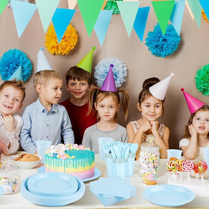 Kochorie 480 Pieces Light Blue Plastic Dinnerware Set Disposable Heavy Duty Plates Napkins Cups Silverware Dessert Dinner Plates for Birthday Wedding Baby Shower Party Supplies, Serves 60 Guests