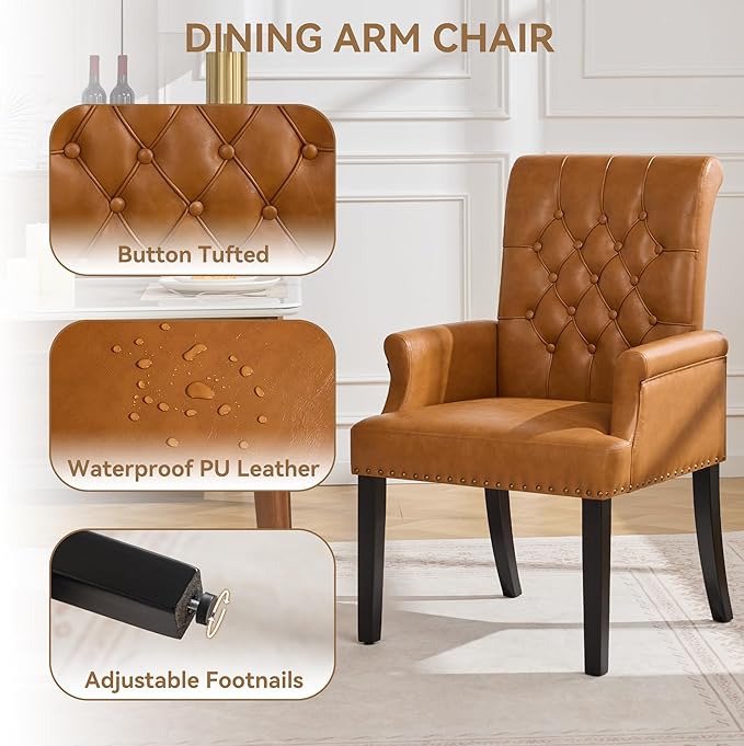 PU Leather Dining Chair with Arms, Upholstered Tufted High Back Dining Room Chairs, Accent Armchair with Solid Wood Leg and Nailhead Trim, Kitchen Dining Living Room, Brown