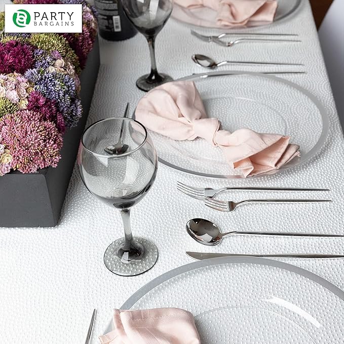 PARTY BARGAINS 13-Inch Charger Plates - 16 Pack, Clear Silver Rim, Heavy-Duty Disposable Chargers for Elegant Dining - Ideal for Weddings and Formal Events