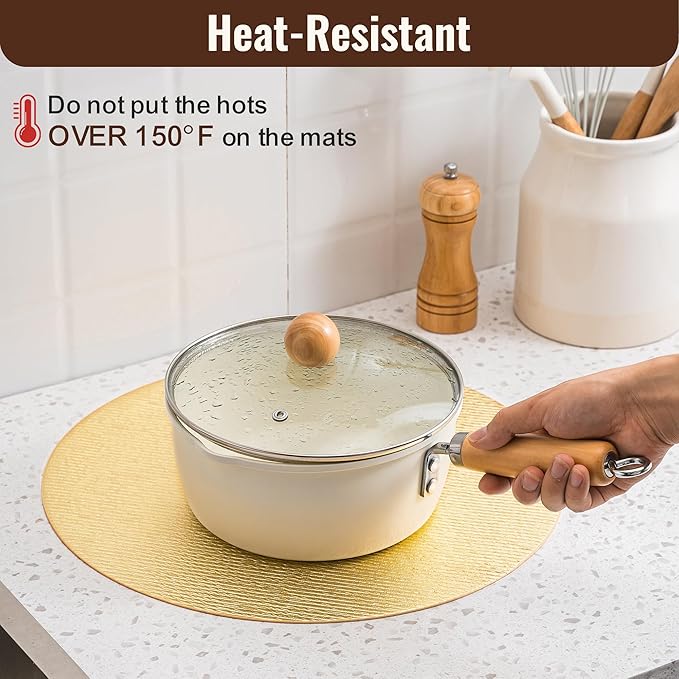 Jovono 15" Faux Leather Big Round Placemats Set of 8 - Washable Heat Resistant Non-Slip Dining Table Mats with Fabric Texture for Kitchen Home Party Wedding Decor, Gold
