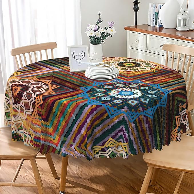Laeacco 36 Inch Colorful Patchwork Round Tablecloth Woven Flowers Geometric Abstract Art Print Table Cloth Washable Waterproof Wrinkle Free Table Cover for Kitchen Dining Picnic Party Decoration