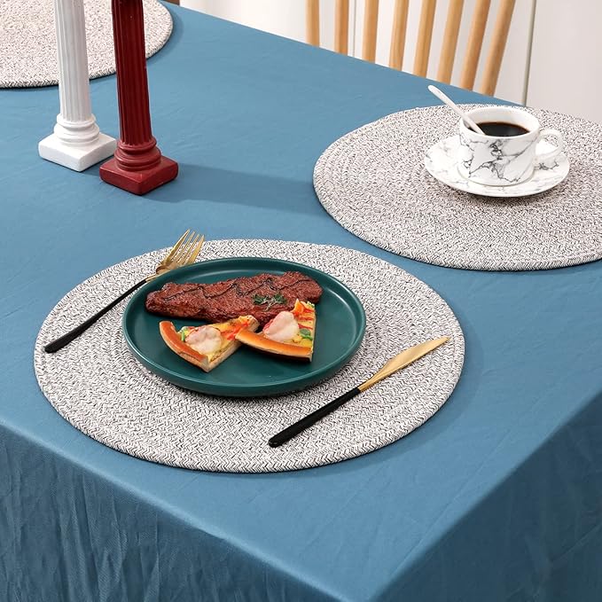 Set of 4 Round Woven Placemats,13.8 inch Plate Chargers Thick Place Mats Cotton Braided Tablemats Rattan Brown Table Mats Weave Placemats for Table Decoration