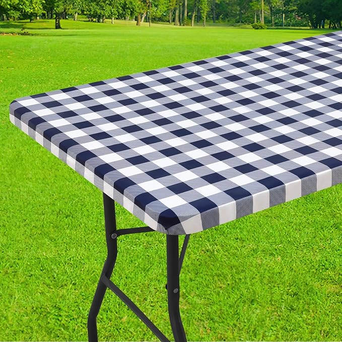 Smiry Rectangle Picnic Table Cloth, Elastic Waterproof Fitted Vinyl Tablecloths, Flannel Backed Buffalo Plaid Table Covers for Dining, Camping, Outdoor (White and Navy, 30" x 72")