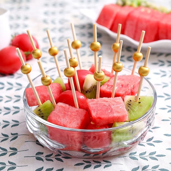 600 Pcs Cocktail Picks, 12 cm Toothpicks for Appetizers, Bamboo Cocktail Sticks Skewers for Drinks, Desserts, Charcuterie, Wedding Party Fancy Toothpicks, Gold Pearl Mini Food Picks Decorative