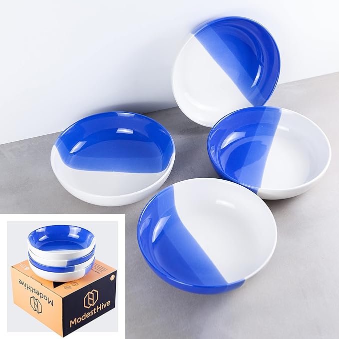 Ombre Porcelain Pasta Bowls, Ceramic Serving Bowls, Low Salad Bowls Set of 4-40 oz - Oia Blue - Ombre Dinnerware Collection