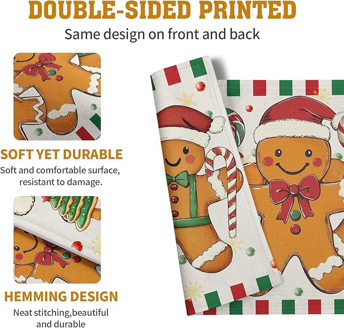 Gingerbread Man Christmas Placemats Set of 4 Candy Cane Xmas Seasonal Holiday Linen Table Mats Red Green Orange Winter Washable Place Mats for Party Kitchen Dining Outdoor Indoor Decor