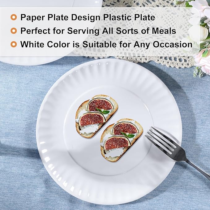 White Melamine Dinner Plates Set of 12, 9 Inch Lace Dish Set, Lightweight Round Tableware Plates, Scratch Resistant Kitchen Serving Dishes for Salad, Pasta, Dessert