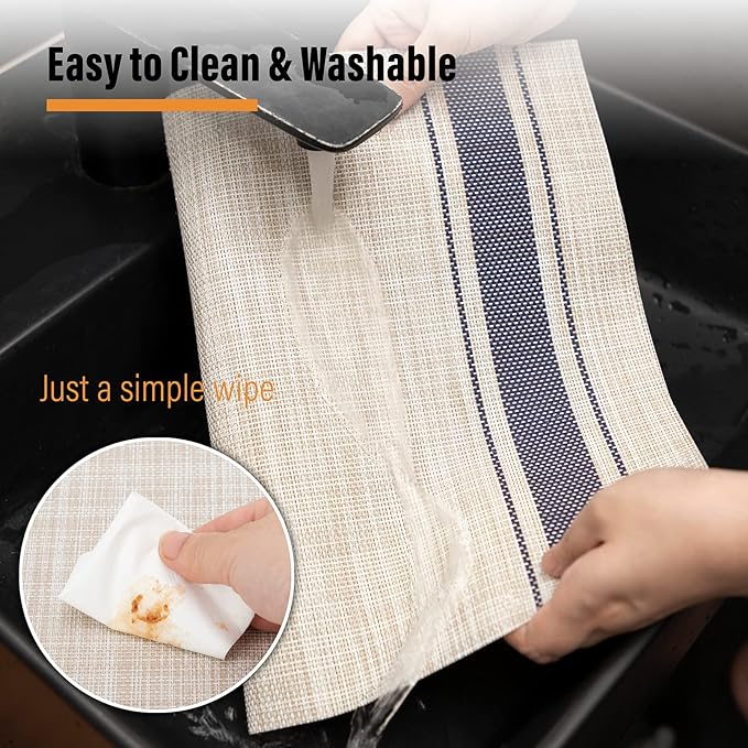 Winknowl Placemats Set of 4, Heat Resistant Non-Slip Vinyl Woven Table Mats for Dining Table, Washable Durable Elegant Place Mats for Kitchen Indoor/Outdoor Use (Beige Blue)