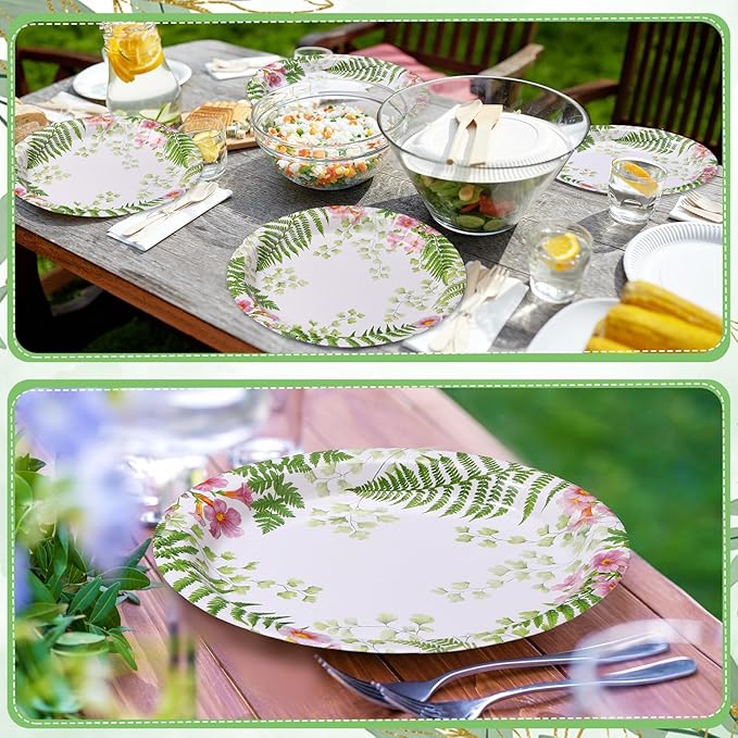 48 Pcs Fern Garden Plates Set Include 9 Inch and 7 Inch Spring Watercolor Disposable Plates Summer Decorative Dinner Birthday Party Tableware for Baby Shower Party Supplies