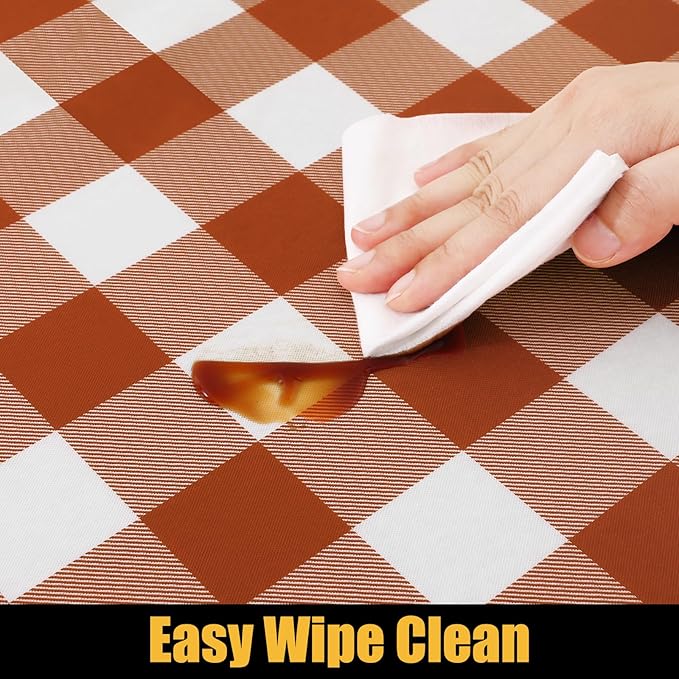 Smiry Rectangle Picnic Table Cloth, Elastic Waterproof Fitted Vinyl Tablecloths, Flannel Backed Buffalo Plaid Table Covers for Dining, Camping, Outdoor, Thanksgiving (White and Rust, 30" x 96")