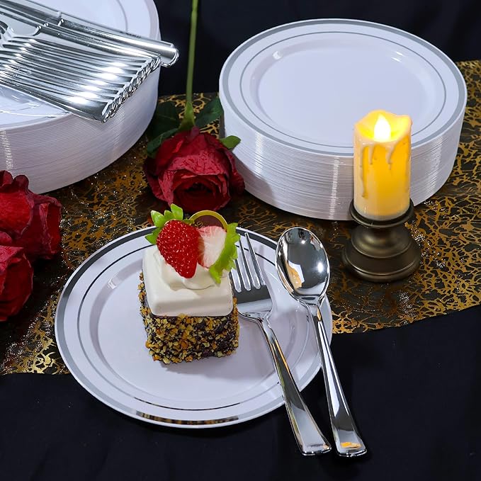200 PCS Silver Plastic Plates, Silver Disposable Party Plates, Premium Christmas Plastic Plate Include 100 Dinner Platos 10'' and 100 Dessert Platos 7'' Perfect for Birthday, Christmas & Party