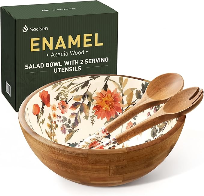 Greenual Salad Bowls Wooden Salad Bowl Set Large Bowls for Serving, Handmade with Serving Utensils Brown