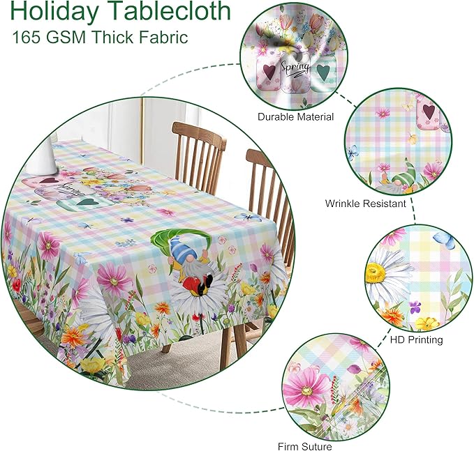 Spring Tablecloth, Rectangle 60 x 104 with Gnome Flowers, Oblong Tablecloth Buffalo Check Plaid Kitchen Table Cover for Dining Room Indoor Decor