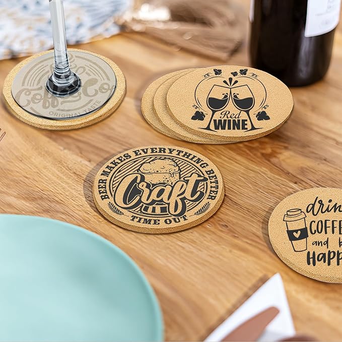 Coasters for Drinks with Holder Set of 6, Coffee Pattern Cork Coaster Absorbent for Desk Office Cup Table Coasters Kitchen Decor House Warming Gifts for New Home Couples, Round 4"