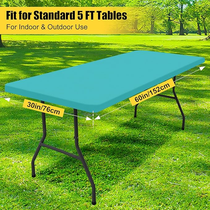 Smiry Rectangle Picnic Table Cloth, Waterproof Elastic Fitted Tablecloths for 5 Foot Tables, Washable Polyester Table Cover for Camping, Indoor and Outdoor (Turquoise, 30"x60")