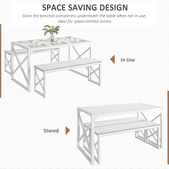 VECELO Kitchen Dining Table Sets for 6, 55" Wood Dinette 2 Benches with Metal Frame for Dinner Breakfast Nook and Small Space, White