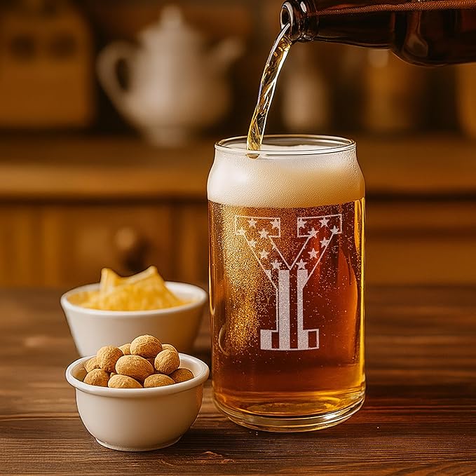 Monogram Beer Glasses for Men (A-Z) 16 oz - Beer Gifts for Men Brother Son Dad Neighbor - Unique Gifts for Him - Personalized Drinking Gift Beer Glass Mugs - Engraved Beer Can Glass (Y)