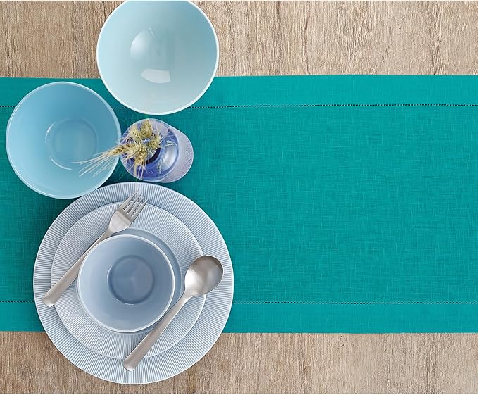 Solino Home Linen Teal Table Runner 72 Inches Long - 100% Pure Linen Hemstitch Table Runner 14 x 72 Inch for Dresser, Dining - Classic Hemstitch