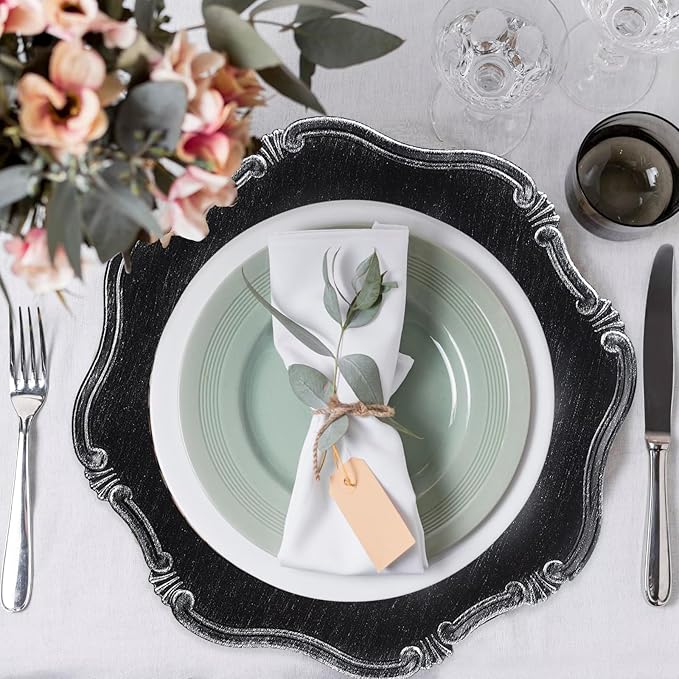 Black Charger Plates Set of 6, Decorative Table Plastic Chargers for Dinner Plates, Party, Wedding, Thanksgiving, Christmas, 22B