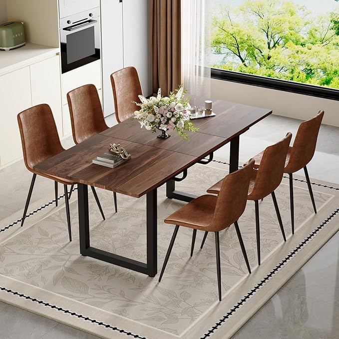 Dining Table Set for 6, 55"-71" Extendable Dining Room Table Set for 6, Modern Wood Kitchen Table with 6 Upholstered Chairs, Space-Saving for Dining Room Apartment, Easy Assembly