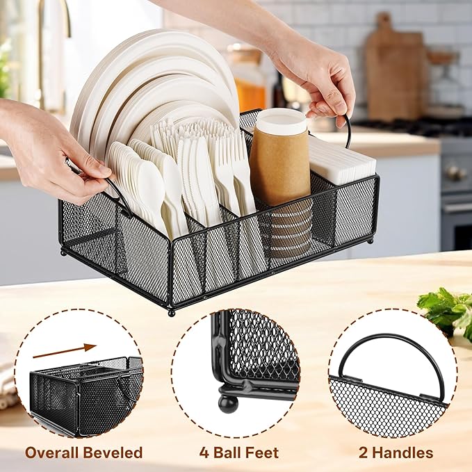Large Paper Plate and Silverware Caddy for Kitchen Countertop Party Picnic Camping Buffet, Utensil Holder Flatware Organizer for Paper Plate Cup Napkin Plastic Cutlery, Black