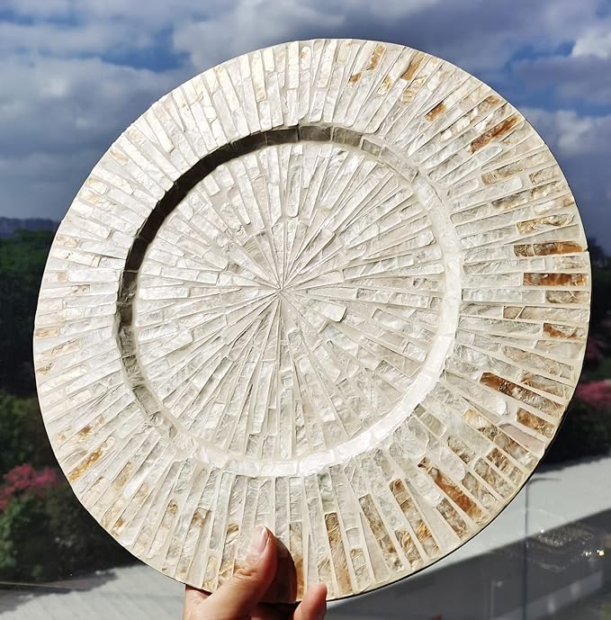 i-lan 13Inch 2 Pack Mother Of Pearl Decorative Plates for Display, Sea Shell Inlay Wood Charger Plates for Dining, Party, Modern and Rustic Decoration Placemats for Dinner Plates,Champagne Gold