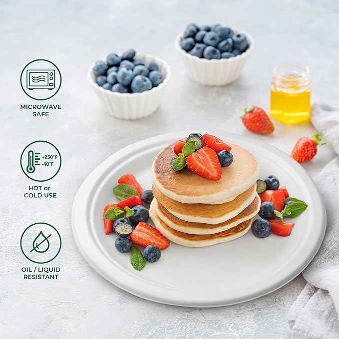 Freshware Paper Plates - Disposable 9" Plate, 125-Pack Biodegradable Sugarcane Fiber Dinner Plates - Heavy Duty Dinnerware for Hot Food - Microwave & Freezer Safe, Stackable Dinnerware