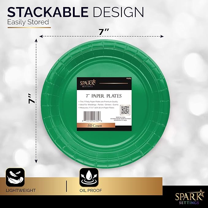 Disposable Paper Plates Green, 7 Inch Paper Dessert Plates, Strong and Sturdy Disposable Plate for Party, Dinner, Holiday, Picnic, or Travel Party Plate, Pack of 50