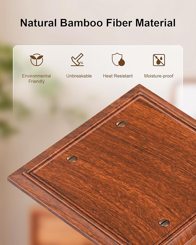 2-Pack Double Blank Wall Plate, Durable Natural Bamboo Fiber Wall Plate Cover,Wood Grain 1 Gang Wall Plate for Unused Outlets/Switches