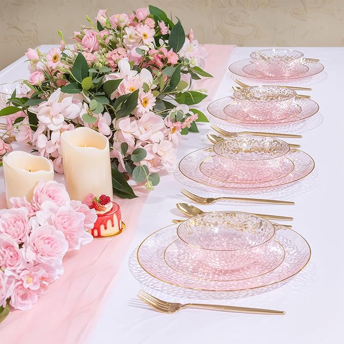 Rubtlamp 50 Pack Clear Pink Disposable Bowls, Clear Plastic Bowls with Gold Rim, 12-16oz Premium Heavy Duty Plastic Dinner Bowls for Party, Wedding and Holiday