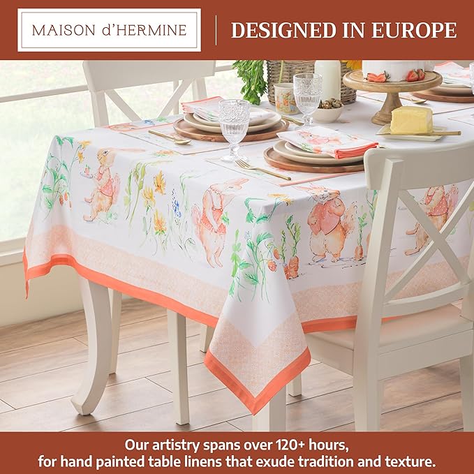 Maison d' Hermine Table Cloth Square Table 100% Cotton 60 x 60 Inches Tablecloth Reusable Decorative for Dining Room Farmhouse Home Valentines Day Decorations Spring Summer - Bunny Party