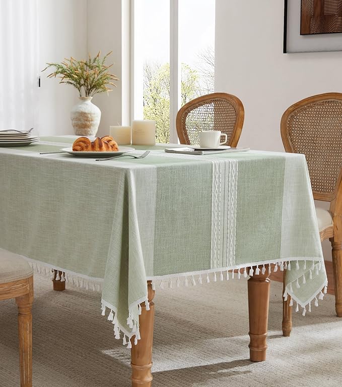 ZeeMart Contrast Linen Table Cloth Rectangle Table Cloths 60x120 Inch Mid-Stripe Green, Farmhouse Style Heavy Weight Sage Green Tablecloth, Water Resistant Burlap Tablecloths