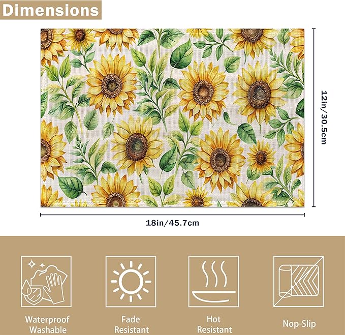 Watercolor Sunflower Placemats Set of 6, 12x18 Inch Waterproof Non-Slip Washable Seasonal Spring Table Mats for Kitchen Dining Party Table Decor