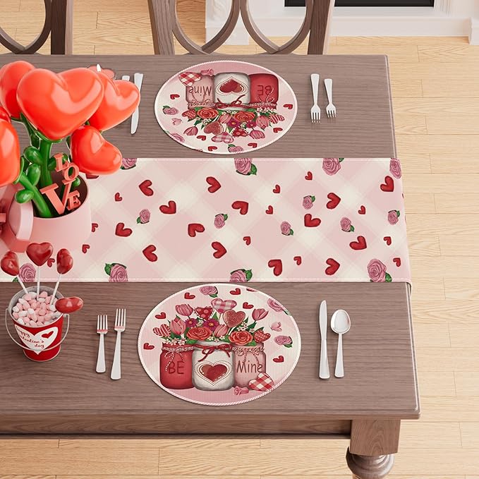 XCHI Roses Flowers Love Hearts Vase Valentine’s Day Round Placemats Set of 4 Table Mats for Party Home Kitchen Dining Table Decorations 14x14 Inch